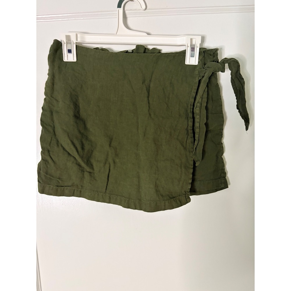Christian Siriano New York Women Green 100% Linen Paperbag Waist Wrap Skort S
